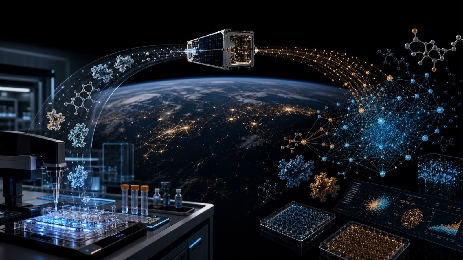 Ground lab, orbital biology payload, and AI evidence graph data loop